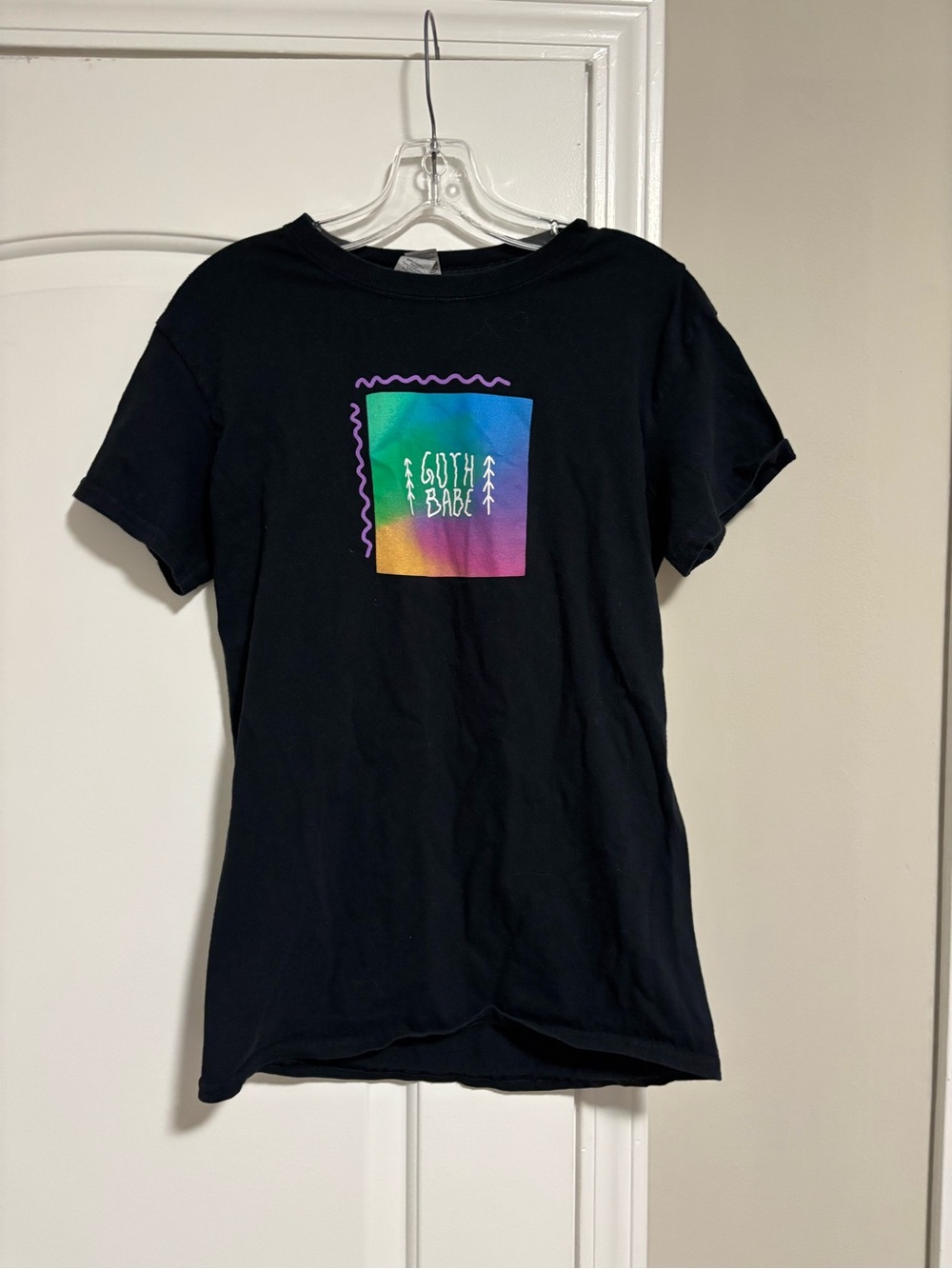 GILDAN, Goth Babe Black Tee with Rainbow Graphic, Size Small